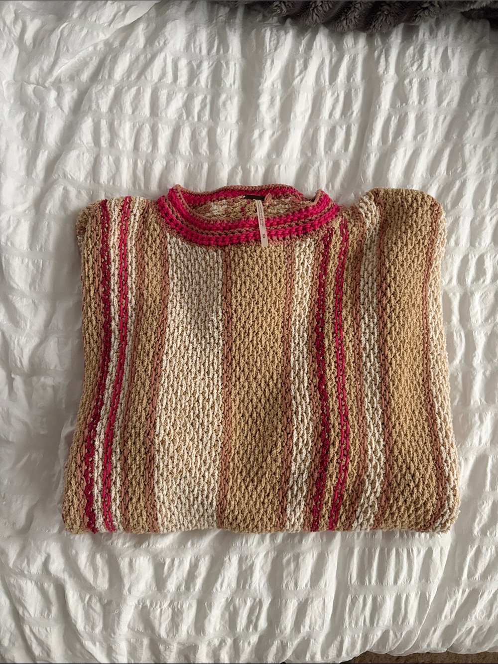 Free People Striped Crewneck Sweater in Tan, Cream & Pink